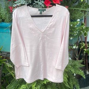 Ralph Lauren 100% cotton 3/4 sleeve V neck, embroidered shirt
